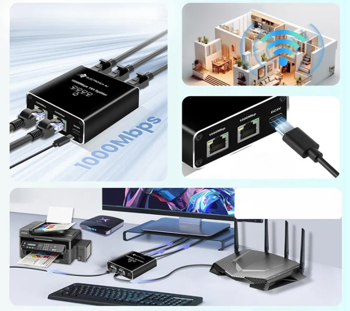 Adapter rozdzielacz mini Switch splitter LAN Ethernet RJ45 4xRJ45 1000M 1GB