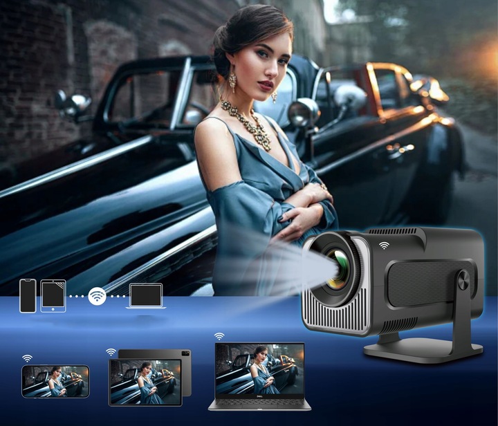 PROJEKTOR RZUTNIK ANDROID TV WIFI FULL HD PRZENOŚNY SMART GŁOŚNIK OBROTOWY