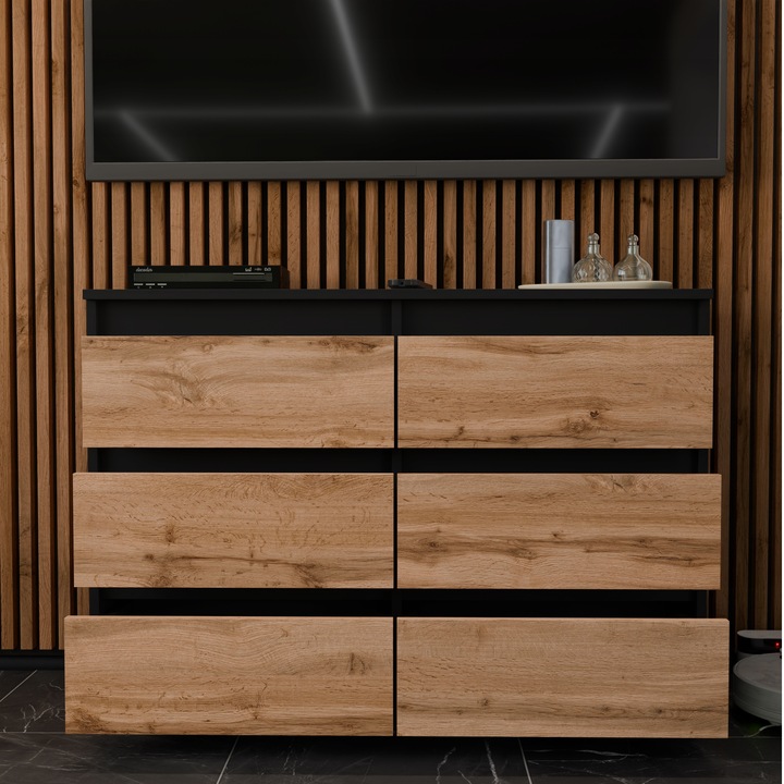KOMODA Z 6 SZUFLADAMI 100 CM CZARNA DĄB WOTAN POJEMNA SZAFKA RTV LOFT
