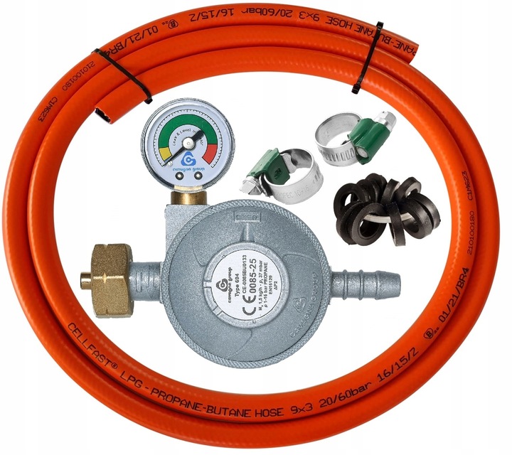 WĄŻ GAZU 2m+ REDUKTOR GAZOWY BUTLI 11kg MANOMETR + komplet uszczelek