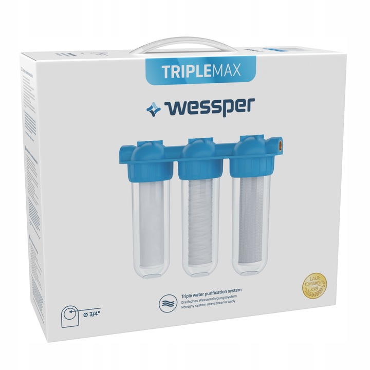 Filtry do wody wstępny 3 stopniowy 3/4 cala + 3 wkłady Wessper -
