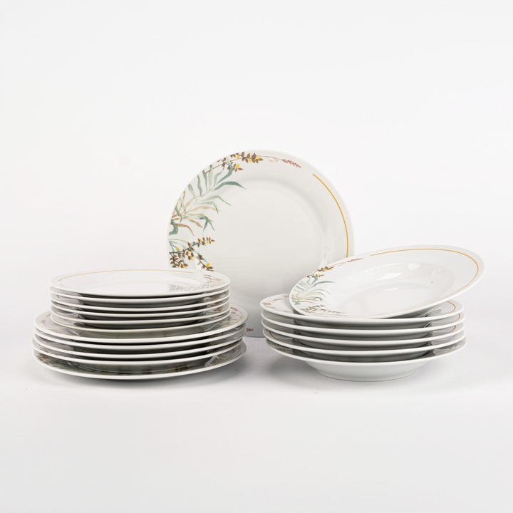 SERWIS OBIADOWY PORCELANOWY ZESTAW TALERZY BIAŁY NA 6 OSÓB WZÓR TRAWA
