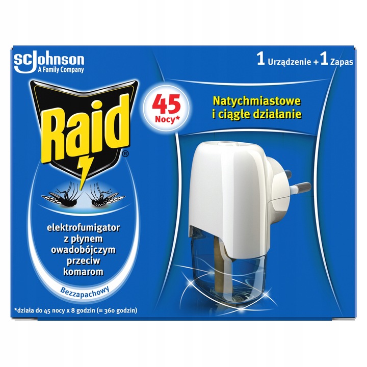 ELEKTROFUMIGATOR OWADOBÓJCZY Z PŁYNEM RAID NA KOMARY BEZZAPACHOWY 45