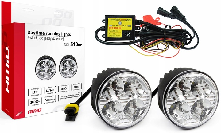 ŚWIATŁA DO JAZDY DZIENNEJ LED DZIENNE OKRĄGŁE DRL 510 HP AMIO 12V / 24V +GR