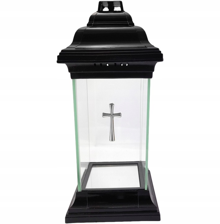Znicz kapliczka szklany prosty lampion z krzyżem czarny 31cm