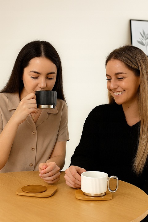 Zestaw 2 filiżanek do kawy w ozdobnym pudełku na prezent podstawki bambus