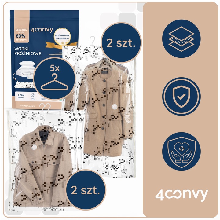 4CONVY 4x Wiszący worek próżniowy na ubrania z wieszakiem 70x140 i