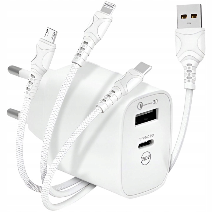 Ładowarka 3w1 Sieciowa Szybka USB / USB-C + Kabel USB-C Micro USB Lightning