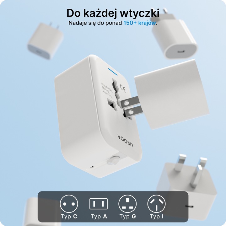 Voomy 20W Uniwersalna Wtyczka Światowa - 150+ krajów - USB-C & USB-A Biała