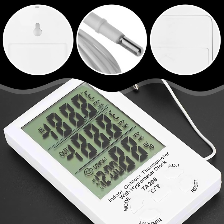 STACJA POGODOWA TERMOMETR ZEWNĘTRZNY HIGROMETR LCD ZEGAR Z SONDĄ