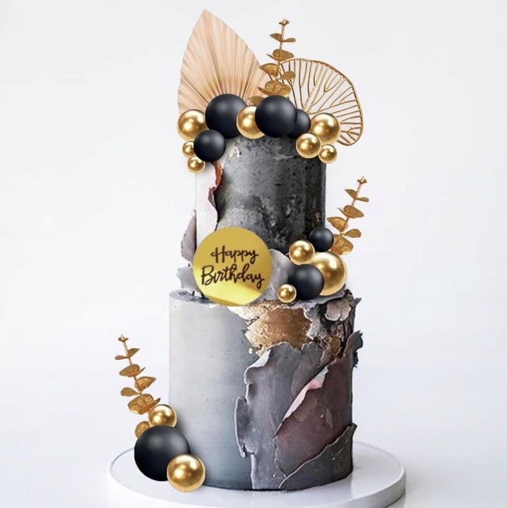 DEKORACJA TOPPER NA TORT ZŁOTE CZARNE KULE MIX NA PIKU WACHLARZE LIŚCIE