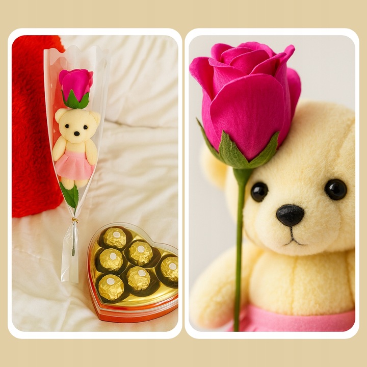 MIŚ Z RÓŻĄ BUKIET UPOMINEK NA PIKU PREZENT DLA NAUCZYCIELKI ZESTAW