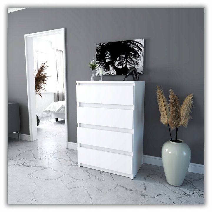 Komoda Biała Z 4 Szufladami 60 CM Szafka Rtv Loft Mała Nowoczesna Do