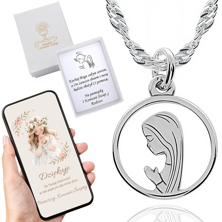 Łańcuszek srebrny medalik komunijny Matka Boska 925 dla dziewczynki chrzest