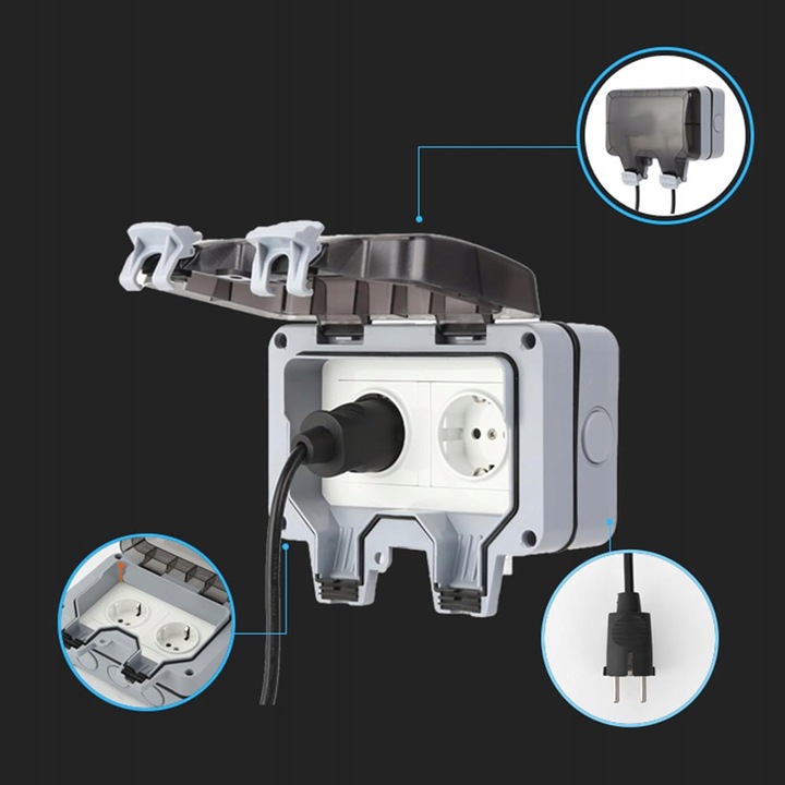 PODWÓJNE GNIAZDKO IP66 OGRODOWE ZEWNĘTRZNE WODOSZCZELNE GNIAZDO 230V