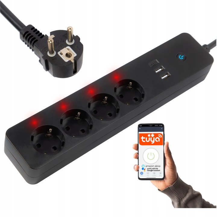 INTELIGENTNA LISTWA ZASILAJĄCA PRZEDŁUŻACZ WiFi TUYA 3M 4 GN 2x USB USB-C