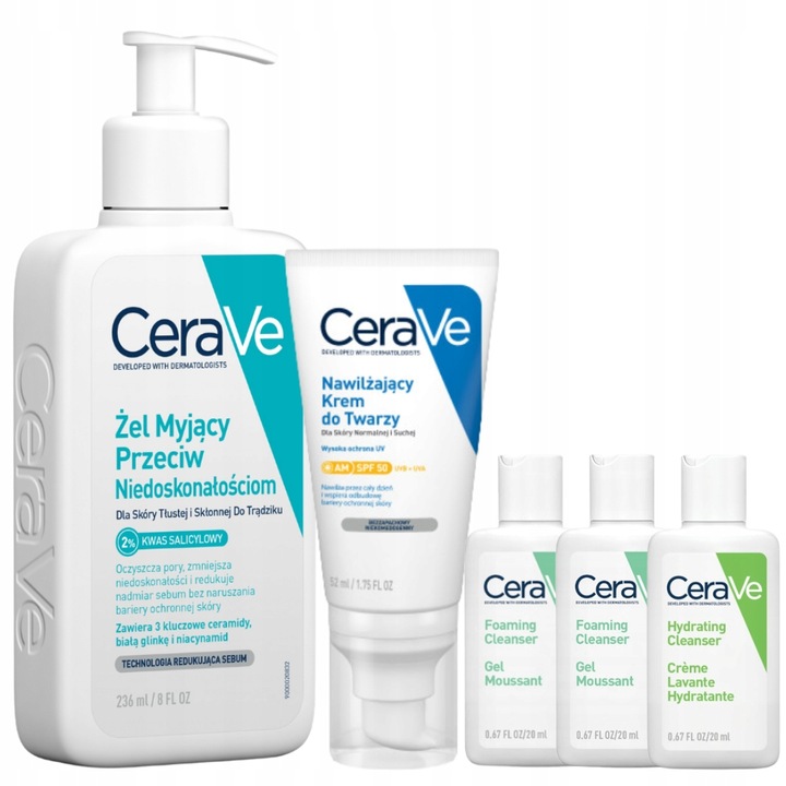 CeraVe Zestaw Nawilżający Krem do Twarzy SPF 50 52ml + Żel Myjący 236 ml
