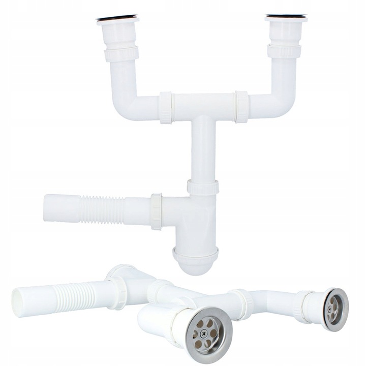 Syfon Zlewu DWUKOMOROWEGO 50 mm Odpływ PODWÓJNY Zlewozmywaka Sitko Manua W2