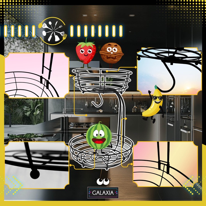 KOSZ NA OWOCE I WARZYWA Koszyk Stojak Piętrowy Czarny Dwupoziomowy