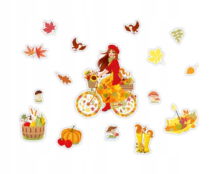 DEKORACJA JESIENNA DWUSTRONNA OKIENNA - PANI JESIEŃ NA ROWERZE (16 el.)