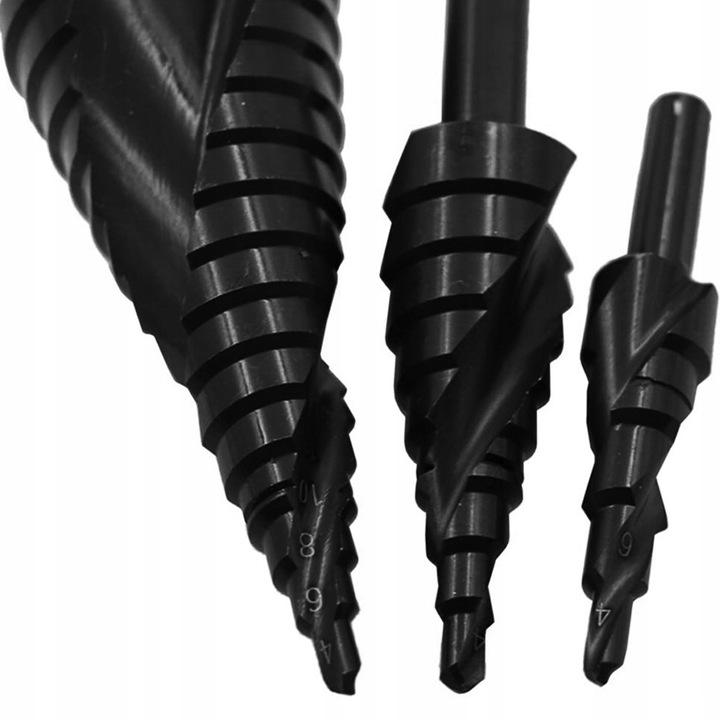 3x SPIRALNE Wiertło stożkowe stopniowe HSS do metalu drewna 4-32MM