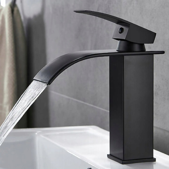 CZARNA BATERIA UMYWALKOWA STOJĄCA WODOSPAD CUBIC ŁAZIENKOWA KRAN UMYWALKI