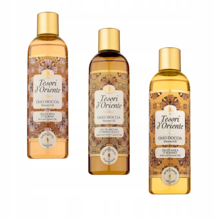 Tesori zestaw olejków pod prysznic: amla sezam, ryż tsubaki, argan cyprys