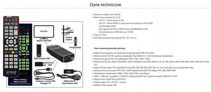 TUNER DEKODER TELEWIZJI NAZIEMNEJ DVB-T2 WIWA H.265 MINI LED