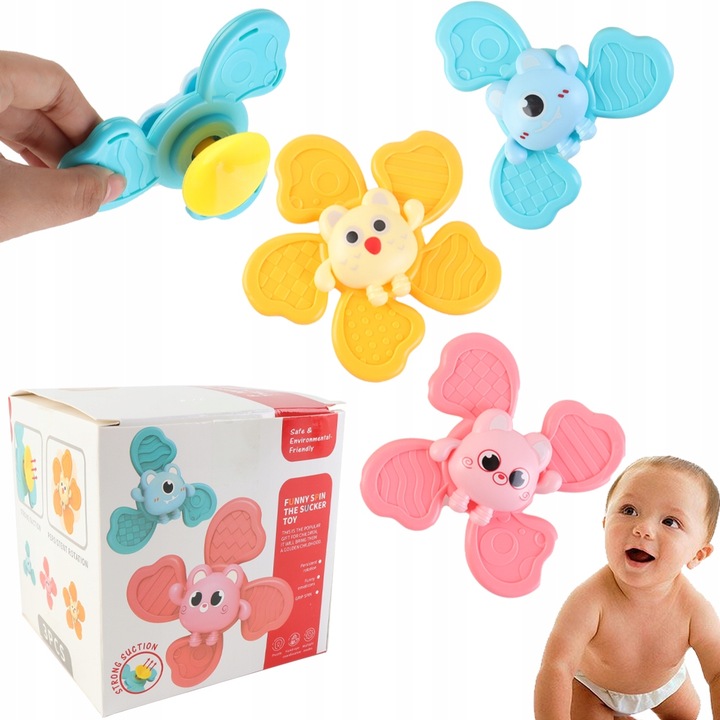 ZESTAW FIDGET SPINNER 3SZT DLA DZIECI Z PRZYSSAWKĄ PREZENT URODZINY ROCZEK