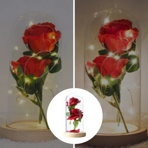 WIECZNA RÓŻA W SZKLE ŚWIECĄCA LED PREZENT PUDEŁKO NA WALENTYNKI DZIEŃ BABCI