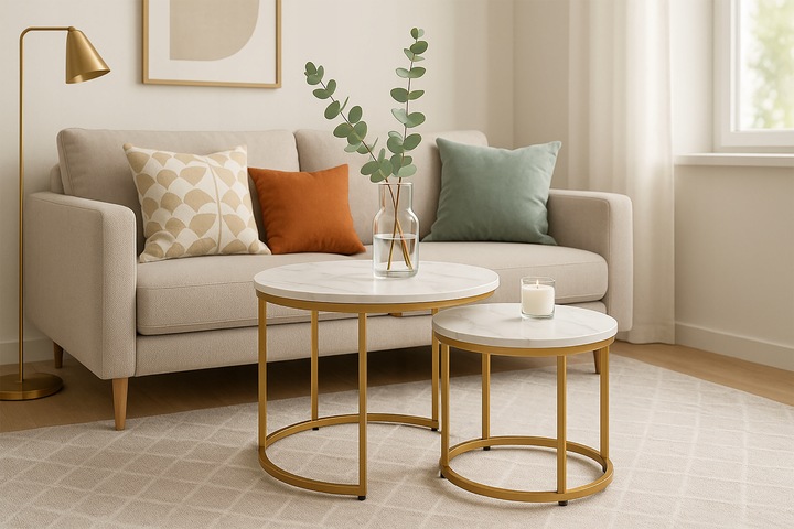 STOLIKI KAWOWE ZESTAW 2w1 ROZKŁADANE DO SALONU GLAMOUR MARMUR BIAŁY