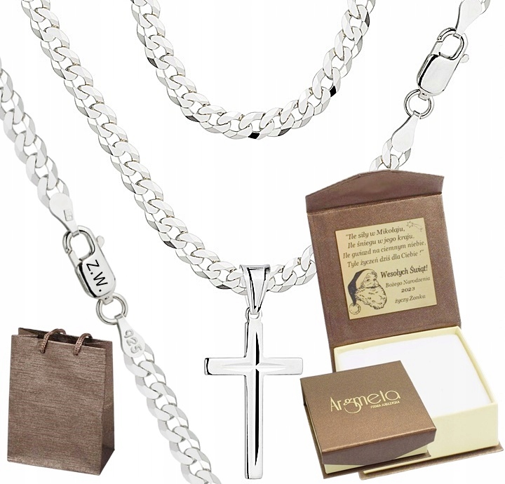 Łańcuszek Męski Srebrny Pancerka 3,80 mm z Krzyżykiem pr 925 Grawer Gratis