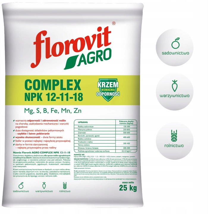 Nawóz Florovit Agro Complex NPK 12-11-18 25kg NISKA ZAWARTOŚĆ CHLORKÓW