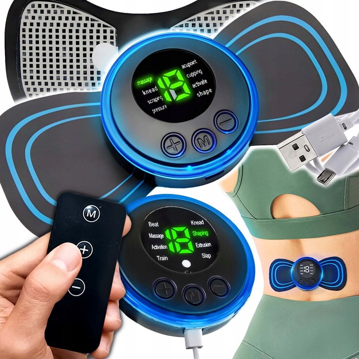 MASAŻER ELEKTROSTYMULATOR SZYI KARKU MIĘŚNI BRZUCHA EMS 8 TRYBÓW USB PILOT