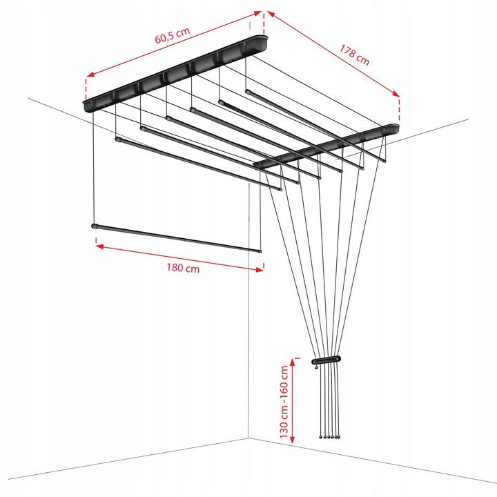 Suszarka Sufitowa na pranie CZARNA 7 prętów 180 cm modna ciekawa loftowa