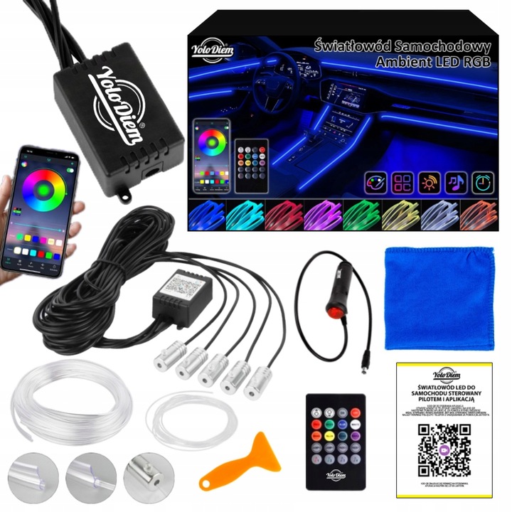 Światłowód do Samochodu Oświetlenie Ambient LED RGB 7m APKA+PILOT ZESTAW XL