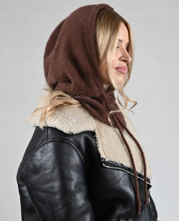 Czekoladowa Kominiarka KAPTUR komin Balaclava Czapka damska miekka