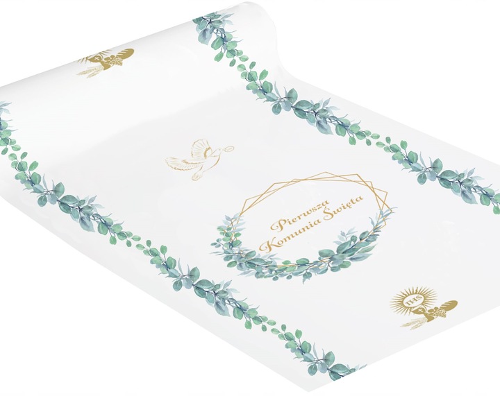 Bieżnik Komunijny na Stół Liście Eukaliptus IHS Obrus Komunia Święta