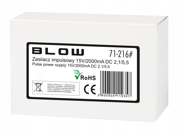 ZASILACZ IMPULSOWY 15V 2A 2000mA 30W WTYK PROSTY 2,1/5,5 DC (+) 110CM