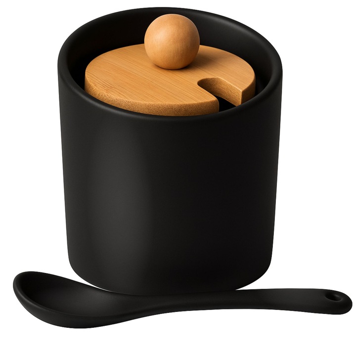 CUKIERNICA CUKIERNICZKA Z ŁYŻECZKĄ Z POKRYWKĄ CZARNA POJEMNIK NA CUKIER