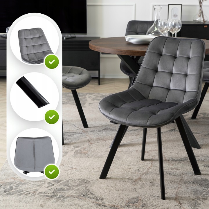 Krzesło Tapicerowane Welurowe Do Jadalni Salonu Loft Pikowane Szare