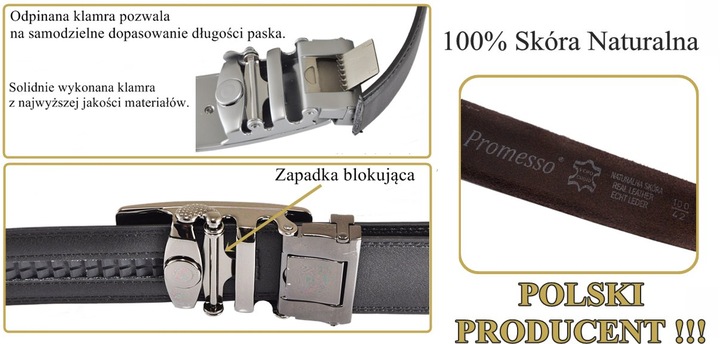 PROMESSO Męski pasek skóra z automat. klamra 100%PL + pudełko NA