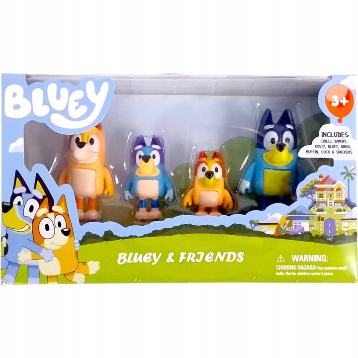 BLUEY ZESTAW 4 FIGUREK RODZINKA FIGURKI BINGO CHILI BANDIT MAMA PREZENT 8CM