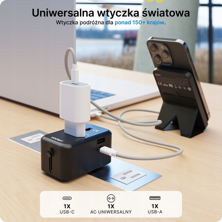 Przejsciowka adapter wtyczka angielska VOOMY, 1x USB-C & 1x USB-A, Czarna