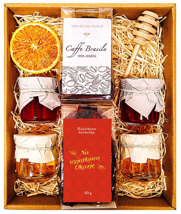 KOSZ PREZENTOWY PREZENT UPOMINEK PODAREK KAWA HERBATA MIÓD KONFITURY