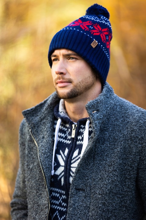 CZAPKA MĘSKA ZIMOWA NORWESKI WZÓR Z POMPONEM CIEPŁA NORWESKA BEANIE