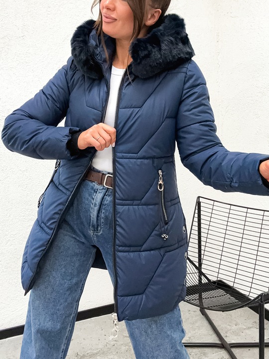 Ciepła zimowa długa kurtka damska pikowana granat 8377 roz S