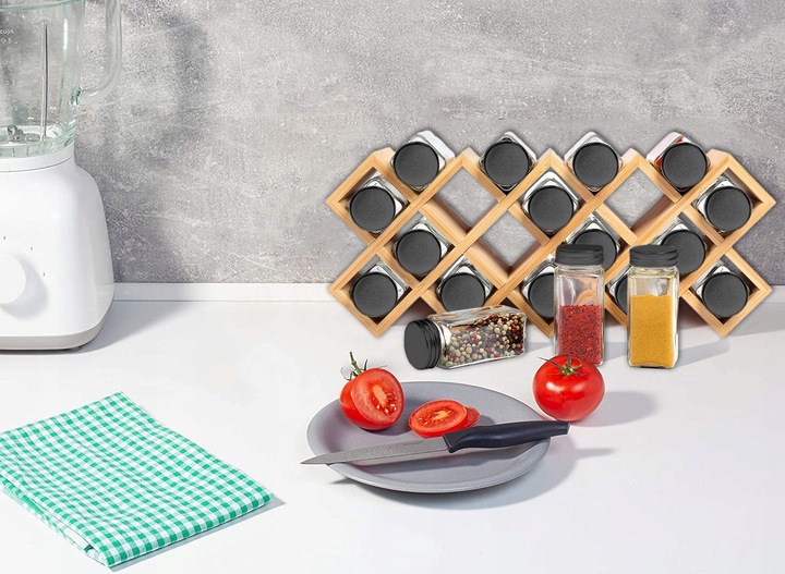 POJEMNIKI NA PRZYPRAWY PRZYPRAWNIK BAMBUS STOJAK DREWNIANY ZESTAW