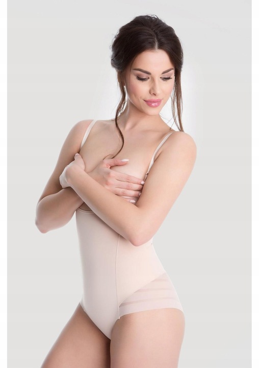 Julimex Beżowe wyszczuplające body pod biust z siateczką XXL