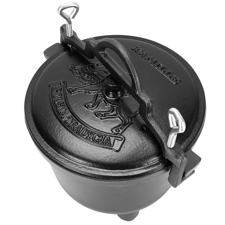 KOCIOŁEK MYŚLIWSKI ŻELIWNY EMALIOWANY GARNEK STOJĄCY NA OGNISKO 10L